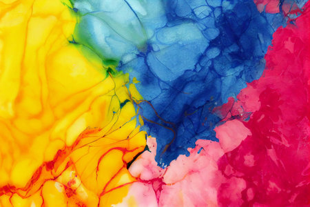 Abstract fluid art painting background in alcohol ink technique, mixture of pink, purple and yellow paints. Transparent overlayers of ink create lines and gradients. Burst of creativity.の写真素材
