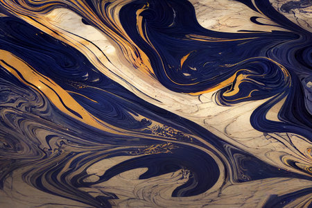 Acrylic Fluid Art. Dark blue waves in abstract ocean and golden foamy waves. Marble effect background or texture.の写真素材