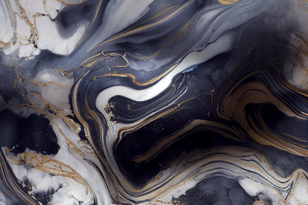 Acrylic Fluid Art. Dark blue waves in abstract ocean and golden foamy waves. Marble effect background or texture.の写真素材