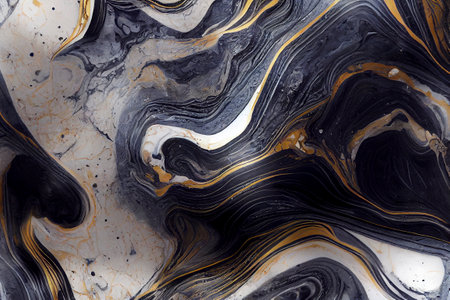 Acrylic Fluid Art. Dark blue waves in abstract ocean and golden foamy waves. Marble effect background or texture.の写真素材