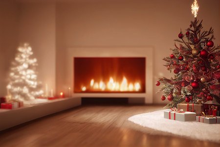 Christmas living room interior with decorated fireplace, armchair and xmas tree.の写真素材