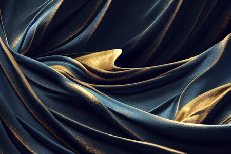 Spectacular classy background of a silky smooth dark blue fabric with a pattern of golden texture. Beautiful works of realistic abstract art. Digital art 3D illustration.の写真素材