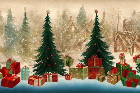 Winter background watercolor drawing for Christmas and Happy New Year season. Background design for invitation, cards, social post, ad, cover, sale banner and invitation.の写真素材