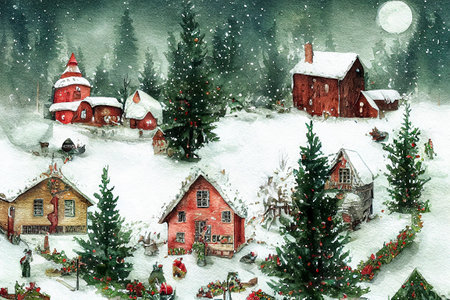 Christmas and New Year Watercolor illustration. Winter landscape with christmas tree.の写真素材