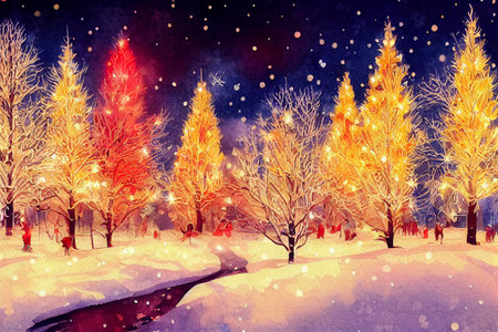 Christmas and New Year Watercolor illustration. Winter landscape with christmas tree.の写真素材