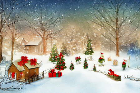 Christmas and New Year Watercolor illustration. Winter landscape with christmas tree.の写真素材