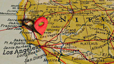 Location pin over the city of Las Vegas on map of United States of America.の写真素材