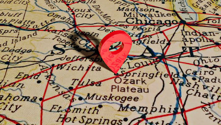 Location pin over the city of Springfield on map of United States of America.の写真素材