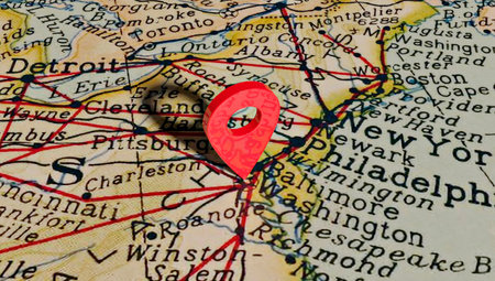 Location pin over the city of Washington on map of United States of America.の写真素材