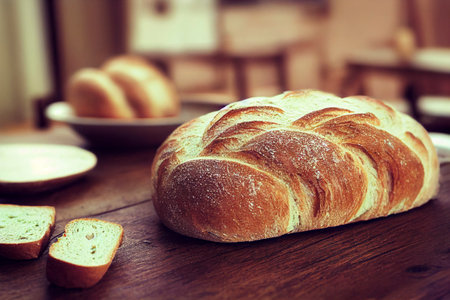 A variety of bread put together in a pile. A group of bread on the wooden table and black background with sunlight in the morning.の写真素材