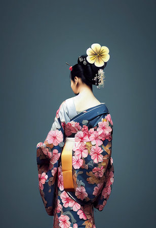 Woman wearing traditional Japanese clothes. Geisha costume. Flower pattern.