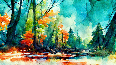Watercolor landscape. Coniferous forest and morning fog.の写真素材
