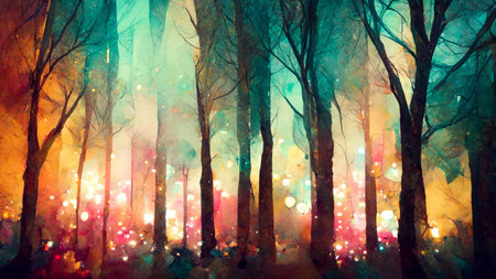 Watercolor autumn forest with bright treesの写真素材