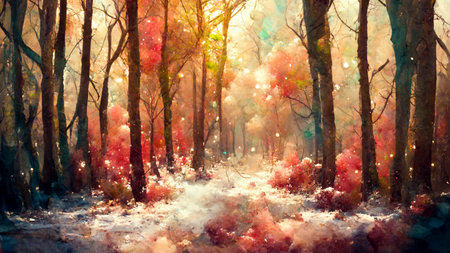Watercolor autumn forest with bright treesの写真素材