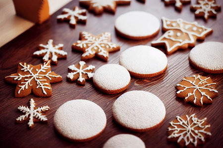 Gingerbread cookies with chrismas decorations on wooden tableの写真素材