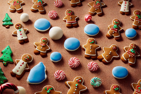 Gingerbread cookies with chrismas decorations on wooden tableの写真素材