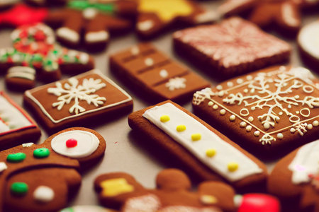 Gingerbread cookies with chrismas decorations on wooden tableの写真素材