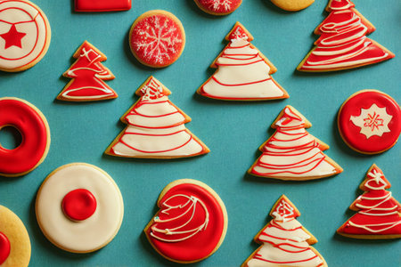 Gingerbread cookies with chrismas decorations on wooden table