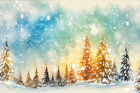 watercolor forest illustration, winter trees, Christmas nature, holiday background, conifer, snow, outdoor, snowy rural landscapeの写真素材