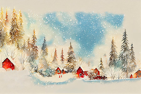 watercolor forest illustration, winter trees, Christmas nature, holiday background, conifer, snow, outdoor, snowy rural landscapeの写真素材