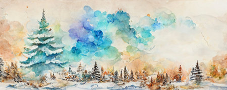Watercolor Painting of Winter Forest Landscape. Chrismas, New Year, Winter Fairy taleの写真素材