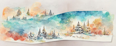 Christmas landscape, watercolor paint illustration, holiday background for greeting card, invitation.の写真素材