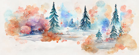 Watercolor Painting of Winter Forest Landscape. Chrismas, New Year, Winter Fairy taleの写真素材
