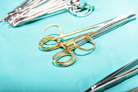 Surgical equipment and medical devices in operating room. Sterile scissors and other medical...