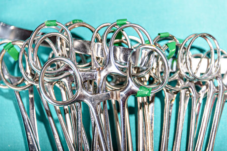 Surgical equipment and medical devices in operating room. Sterile scissors and other medical...