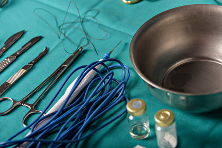 Surgical equipment and medical devices in operating room. Sterile scissors and other medical...