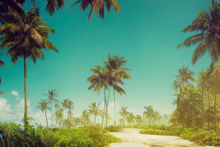 Beautiful tropical beach with white sand, palm trees, turquoise ocean against blue sky with clouds on sunny summer day. Perfect landscape background for relaxing vacation, island of Maldives.の写真素材