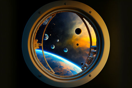 Spaceship window view. Porthole from rocket to dark sky with Earth, stars, planets. Shuttle with round glass window. Spaceship exploration or universe traveling. Created with Generative AI technology.の素材