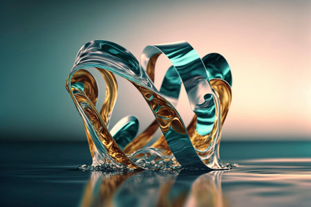 Glass ribbon on water. Holographic shape in motion. Iridescent gradient digital art for banner background, wallpaper. Transparent glossy design element flying in seascape. AI generative.の素材