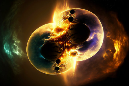 Collision of planets in space. Explosion and flash. Created with Generative AI technologyの素材