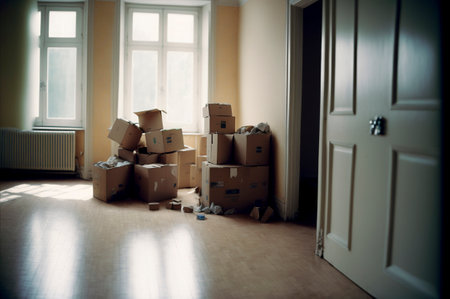 Cardboard boxes and household stuff indoors, space for text. moving dayの素材