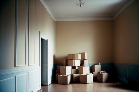 Cardboard boxes and household stuff indoors, space for text. moving dayの素材