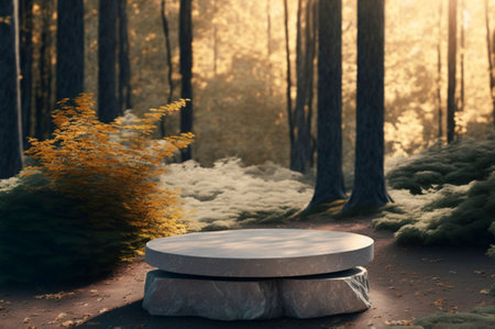 Natural stone and concrete podium in Natural green background for Empty show for packaging product presentation. Created with Generative AI technologyの素材