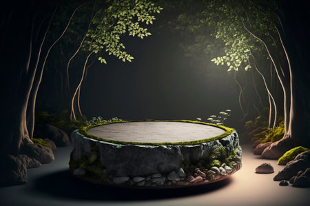 Natural stone and concrete podium in Natural green background for Empty show for packaging product presentation. Created with Generative AI technologyの素材
