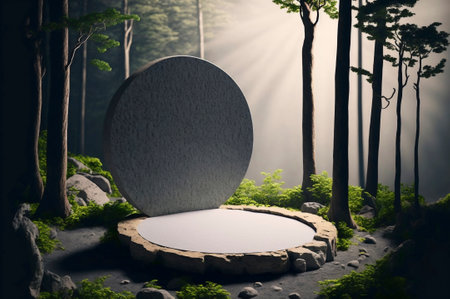 Flat stone stage 3d illustration, gray rock pedestal for product display, green forest on the background, natural scenery landscape, soft lightの素材