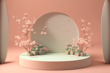 Abstract background in a minimalistic style with a podium in pink colors. Empty pedestal for product display with cherry blossoms and petals.の素材