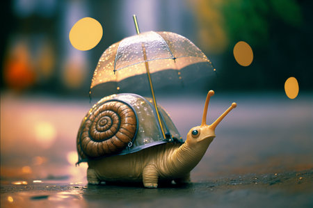 Fantastic snail with umbrella and raincoat walking on the asphalt. aigenerativeの素材