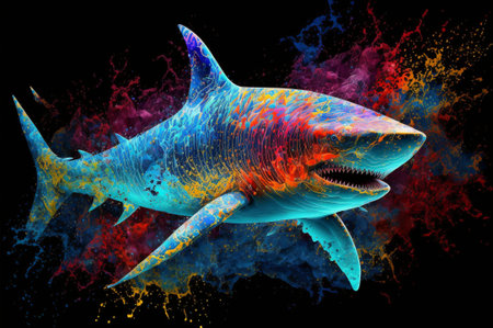 Shark painting with splash of colors on black background. aigenerativeの素材