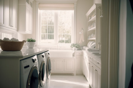 Laundry room with washer and dryer. Wooden cabinets and tile floorの素材
