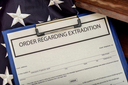 American passports and judges legal hammer on wooden desk.の写真素材