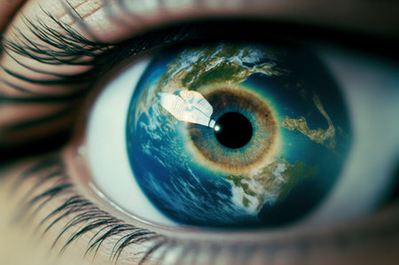Female eye. Reflection of planet Earth in the iris of the eye. Earth instead of eye. Ai generativeの素材