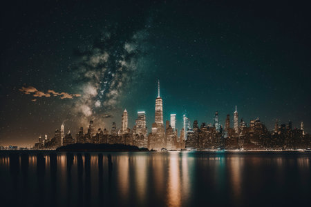 Milky way galaxy, Night lights of Midtown Manhattan skyscrapersの素材