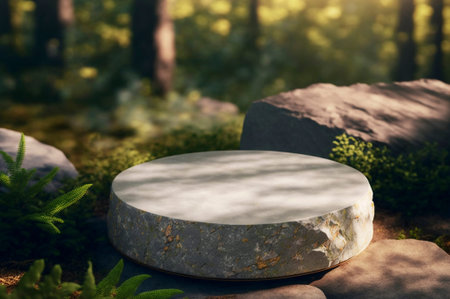 Gray stone podium on the background of autumn forestの素材