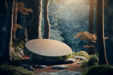 Empty display rocks as a pedestal for product presentation in the forest. Created with Generative AI technologyの素材