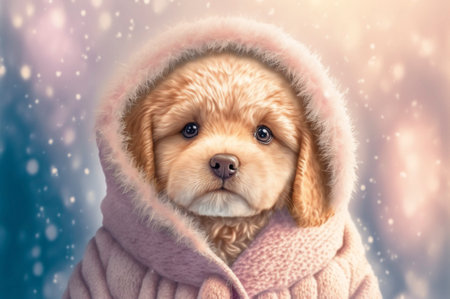 Young golden retriever dog puppy. The pet is warmed under a blanket in the cold weather of winter. Concept of friendly and caring pets.の素材