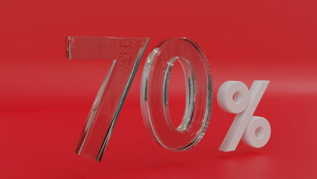 Sale up to 70 red sign. Decoration with number crystals. 3d rendering